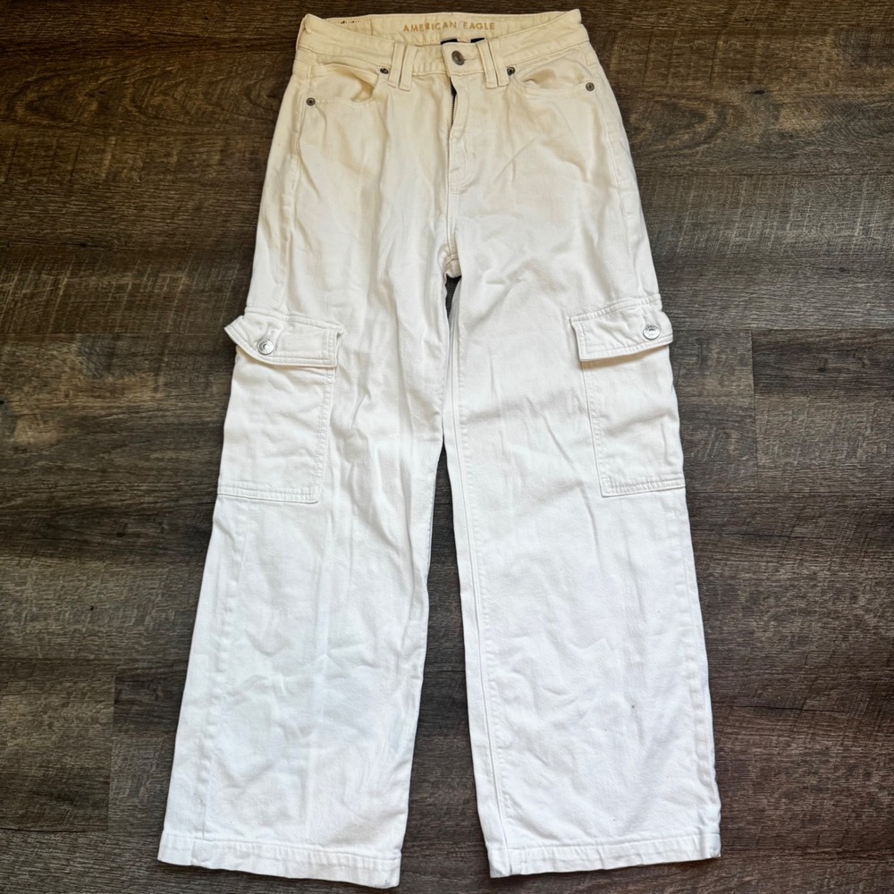 American Eagle Super High-Rise Baggy Wide Leg Cargo Jeans 0 White Utility - Picture 2 of 8
